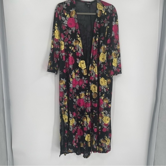 TORRID Mesh Duster Cardigan SZ 1/2 (1X/2X) Black Multicolor Floral Shimmer Slits - Picture 14 of 14